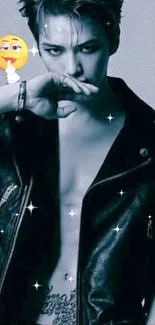 Person in leather jacket with starry effect on mobile wallpaper.