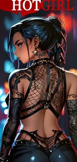 Edgy anime girl with tattoos in cityscape wallpaper.