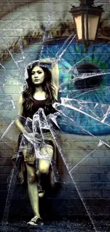 Wallpaper featuring a girl behind shattered glass, with urban and artistic ambiance.