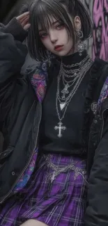 Young person in edgy urban fashion in a cityscape background.