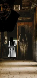 Eerie ghostly figure in abandoned hallway.