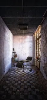 Eerie abandoned room with vintage hospital chair, dark and atmospheric.