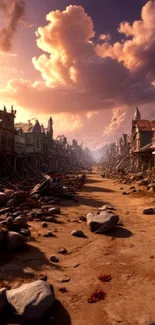 Abandoned street at sunset with dramatic skies and rocks.