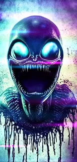 Eerie alien with glowing eyes in dark artistic design.