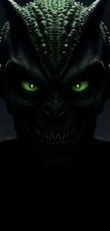 Alien creature with glowing green eyes on dark background wallpaper.