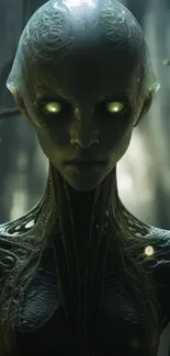 Eerie alien figure in dark forest with glowing eyes.