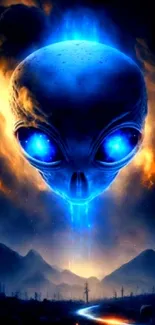 Glowing alien face with cosmic background.