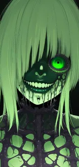 Eerie anime character with green hair and haunting expression.