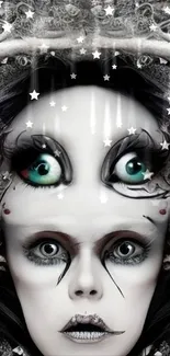 Surreal face with expressive eyes, artistic eerie design.