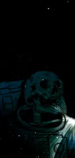 Skeleton astronaut in a dark galaxy setting.