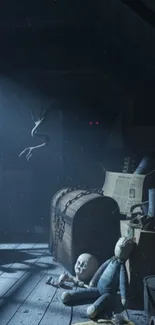 Eerie attic with shadows and toys, creating a mysterious atmosphere.