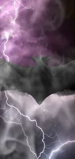 Silhouetted bat with lightning in the background, set against a purple sky.