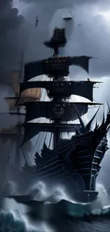 Eerie black pirate ship sails through a stormy ocean.