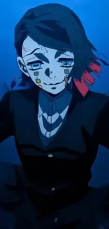 Anime character with deep blue background, mysterious design.