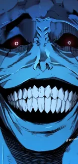 Eerie blue face with red eyes and wide smile in dark art style.