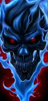 A fiery blue flame skull with red eyes on a dark background.