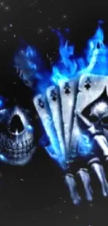 Skeleton hand with cards in blue flames wallpaper.