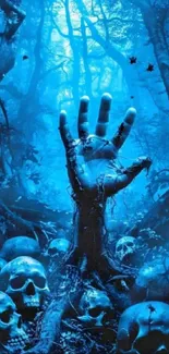 A haunting blue forest with a skeletal hand reaching through skulls.