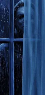 Eerie blue-toned wallpaper with a figure behind a rainy window.