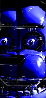 Eerie blue robot face against dark background on mobile wallpaper.