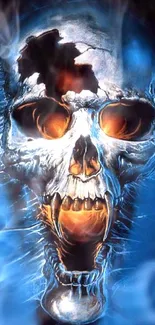 Vivid blue skull with eerie orange eyes in a mobile wallpaper.