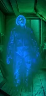 Eerie blue specter glowing in a dimly lit room.