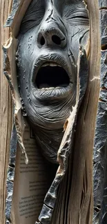 Haunting sculpture emerging from ancient book pages.