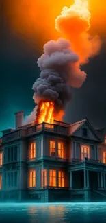 Wallpaper of a house on fire creating an eerie glowing scene.