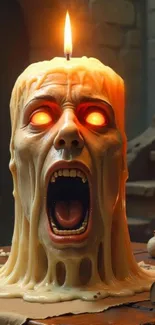 Melting candle with a screaming humanoid face and glowing eyes.