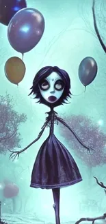 Eerie cartoon girl with balloons in a dark forest setting.