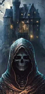 Hooded skull in front of a haunted castle at night.