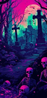 Eerie cemetery with skeletons in neon colors at night.