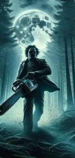 Horror figure with chainsaw under a moonlit forest sky.