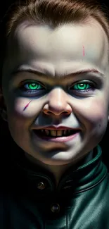 Eerie child with green eyes and a dark background.