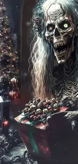 Eerie skull with Christmas tree and gift box in dark setting.