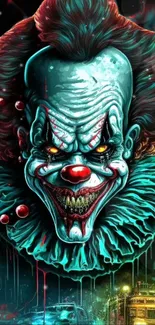 Eerie clown art with vivid colors and a haunting expression, perfect for your phone.