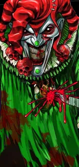 Eerie clown art with a vivid green costume and red accents.