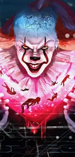 Eerie clown with vibrant colors and creepy smile in digital artwork.