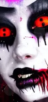 Eerie clown face with red eyes and dark makeup in horror wallpaper.