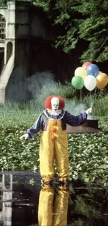 Creepy clown in colorful attire holding balloons by a forest lake.