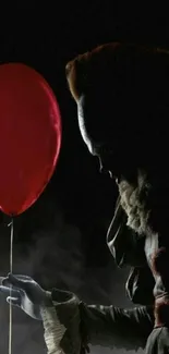 Eerie clown silhouette with red balloon, against dark background.