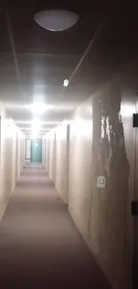 Eerie corridor wallpaper with dim lighting and ghostly atmosphere.