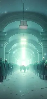 Surreal corridor with figures in an illuminated hallway.