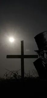 Dark cross with sun wallpaper, eerie vibe.