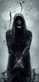 Eerie dark figure with shrouded face and haunting presence on mobile wallpaper.