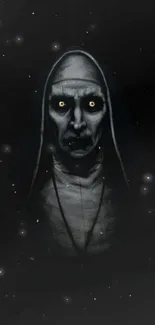 Dark nun with glowing eyes on a black background.