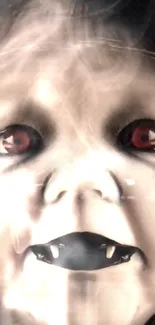 Haunting wallpaper of eerie doll face with red eyes and fanged mouth.