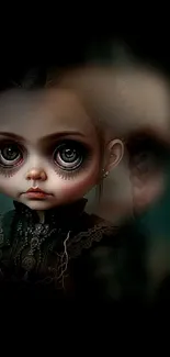 Eerie doll with dark reflection in gothic art wallpaper.