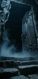 Eerie stone doorway with mist and gothic style.