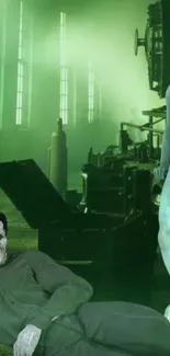 Eerie green factory scene with ghostly figures.